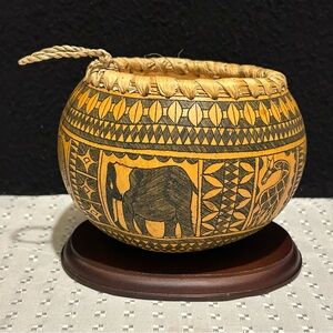 African Gourd Bowl Calabash Hand Carved Pyrography Folk Art 4”W x 3.5"H